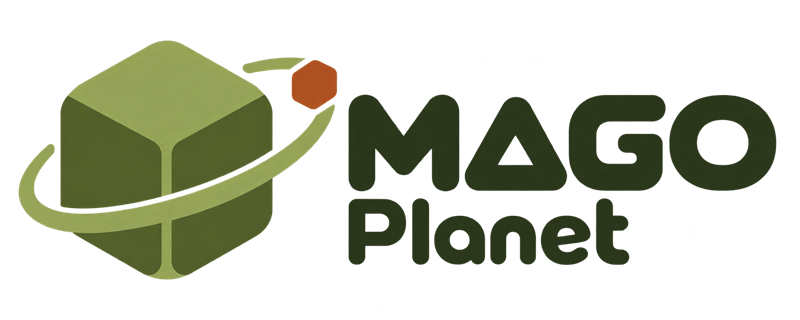 MAGO Planet — logo sklepu z klockiem na orbicie