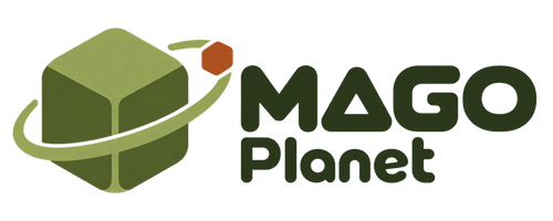 MAGO Planet — logo sklepu z klockiem na orbicie